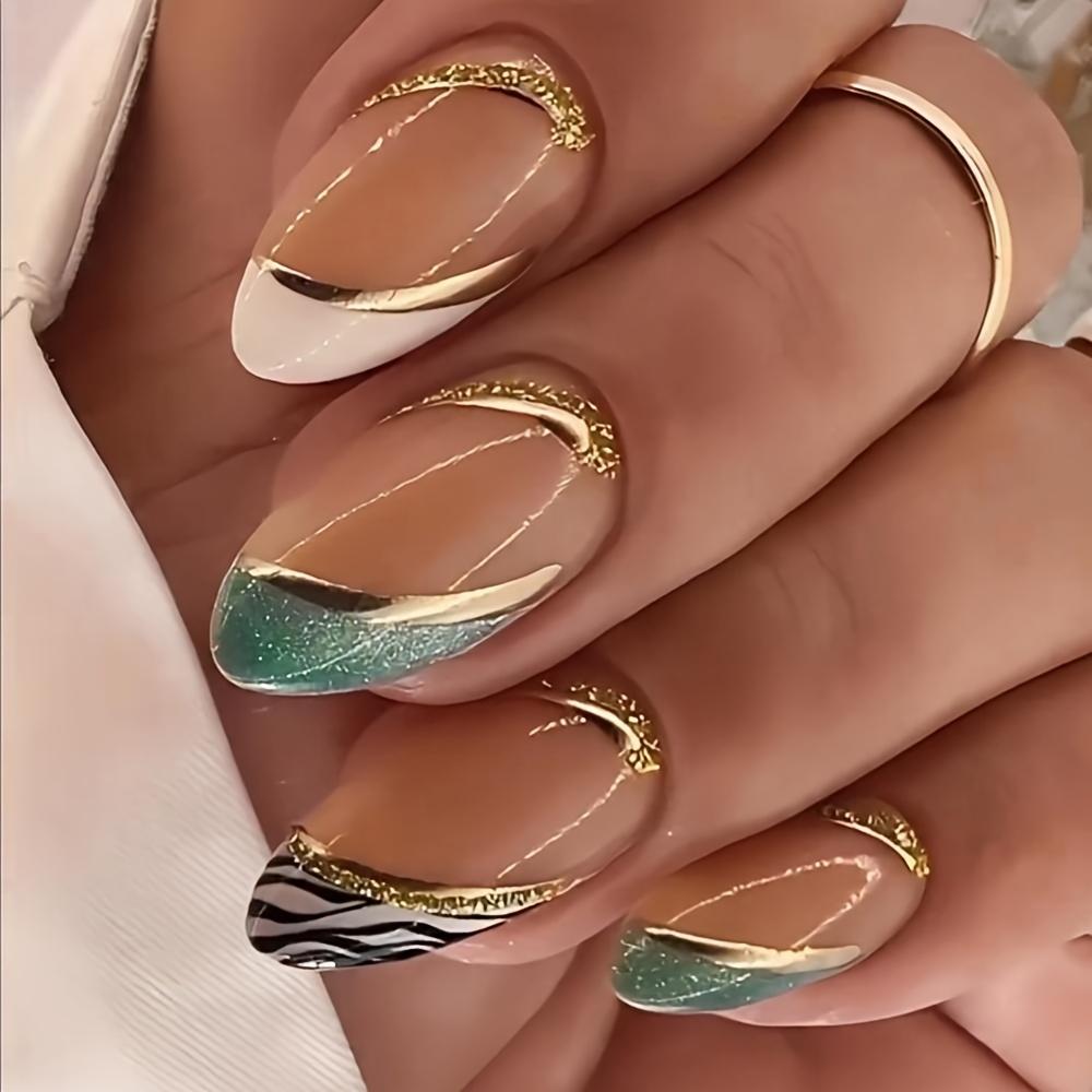 24 Pieces of Wearable Nail Patch Almond Shaped Glitter Green Leopard Print Nail Art with Glossy French Fake Nails