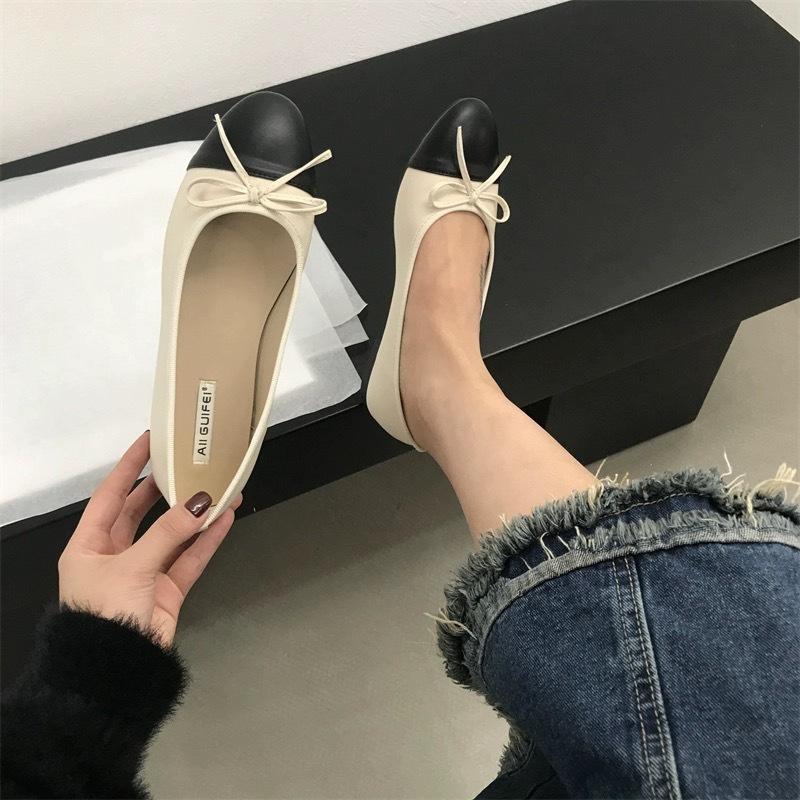Mode Damen Leder Ballerinas Modische Runde Zehenpartie Lässige Ballerinas Schleife Ballettschuh Weicher Mokassin mit Beigen Lolita Mary Janes Schuhen