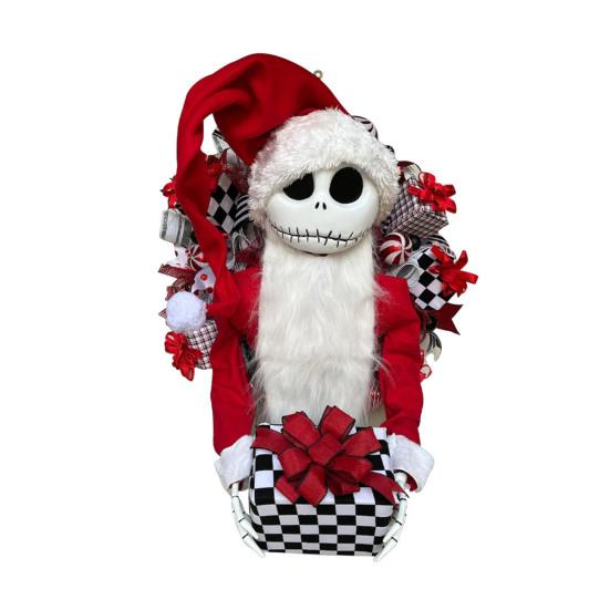

Christmas Jack Wreath for Front Door Wooden Doll Holding Gift Box Wall Hanging Wreath for Indoor Outdoor Porch Decor A