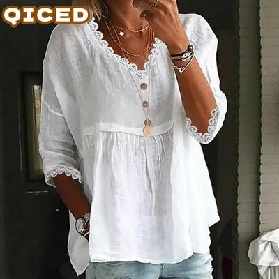 Moda Donna Casual Tinta Unita Stampa Maniche 3/4 Scollo a V Camicette & Camicie Design Unico
