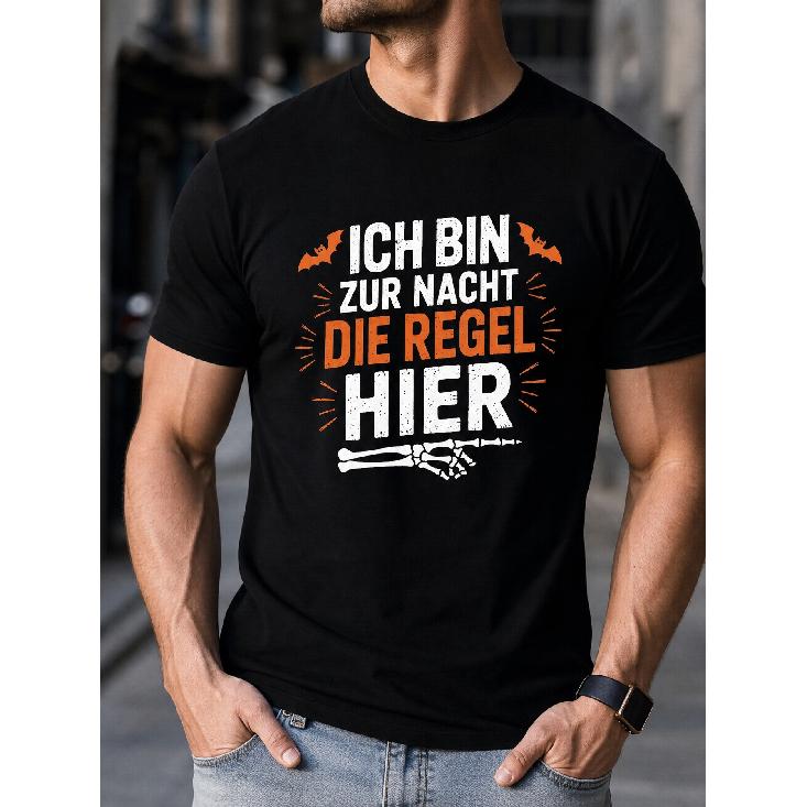 Men s Halloween Graphic T-Shirt With German Quote Ich Bin Zur Nacht Die Regel Hier, Short Sleeve Crew Neck Tee For Party And Night Out S чёрный