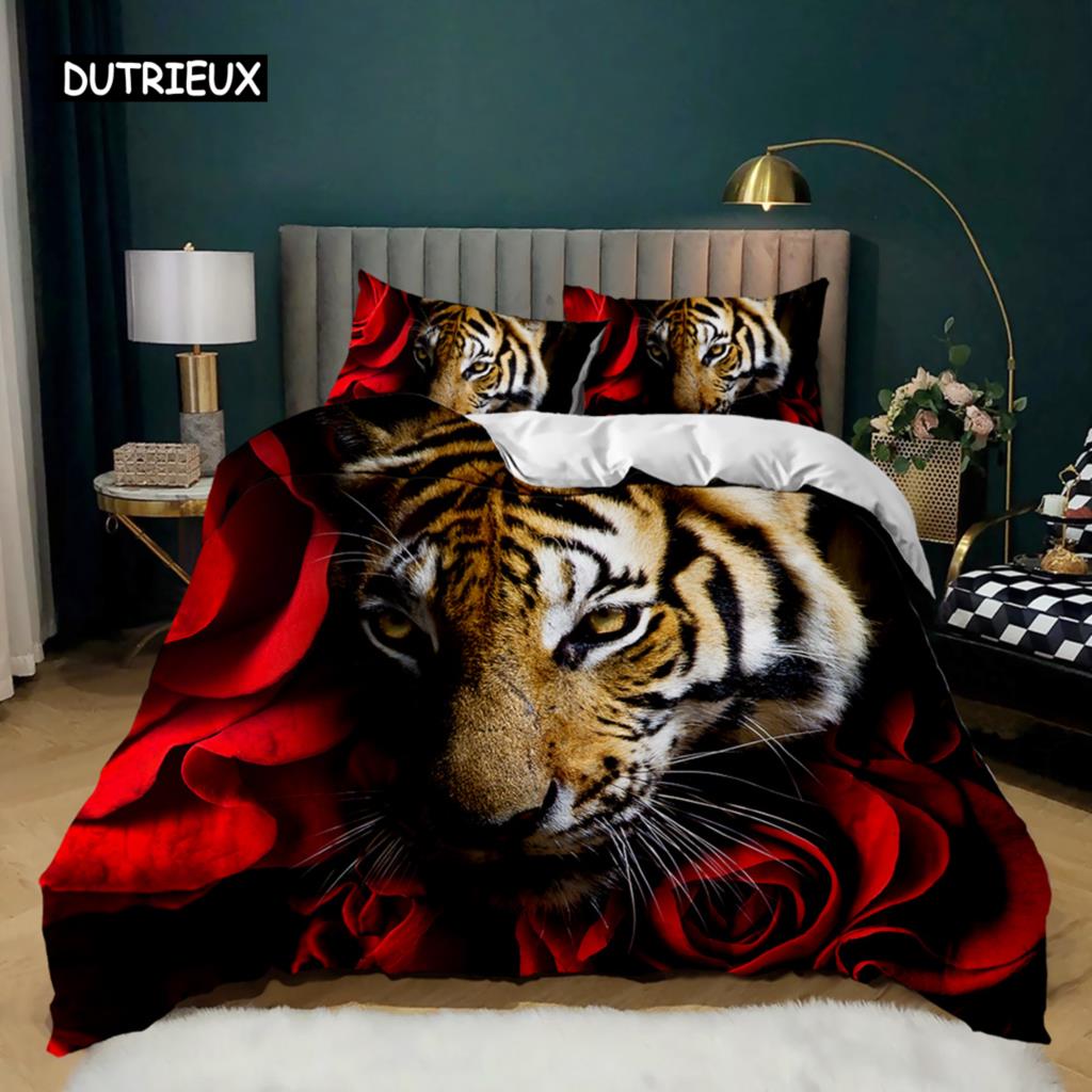 Tiger Duvet Cover Set Red Rose Flower Comforter Cover Boys African Safari Wild Animals Big Cat Queen King Polyester Qulit Cover
