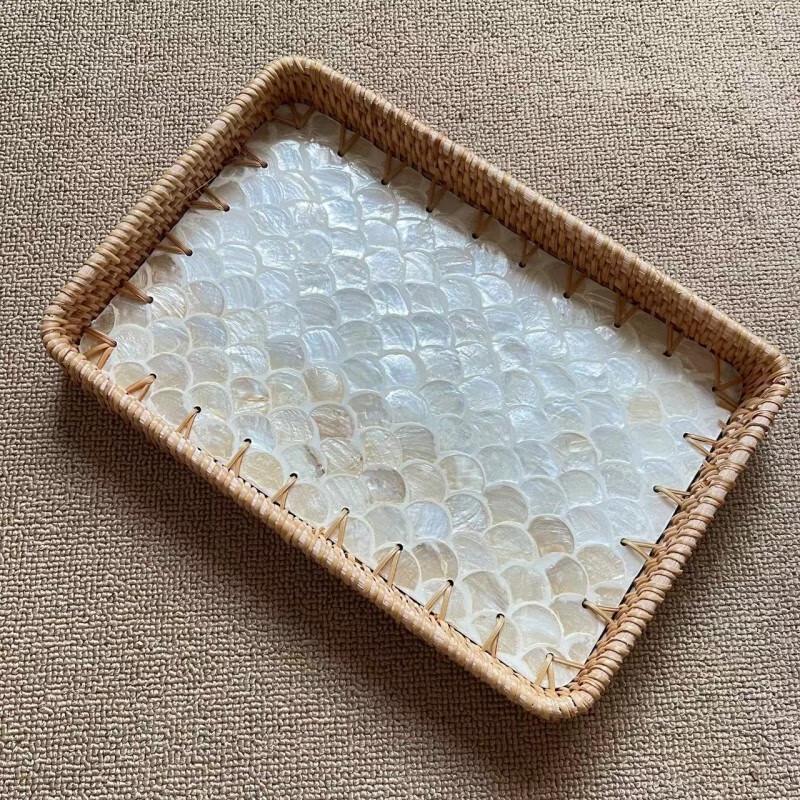 Set of 2 Small Rattan Woven Shell Serving Trays