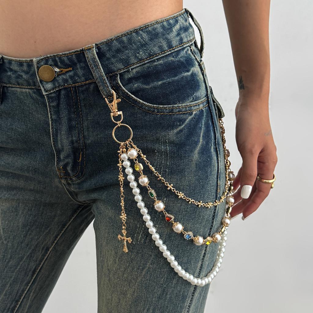 Hip-Hop Diamond-Encrusted Cross Pendant Waist Chain, Sweet And Cool Imitation Pearl Flower Chain Trouser Chain Pendant.