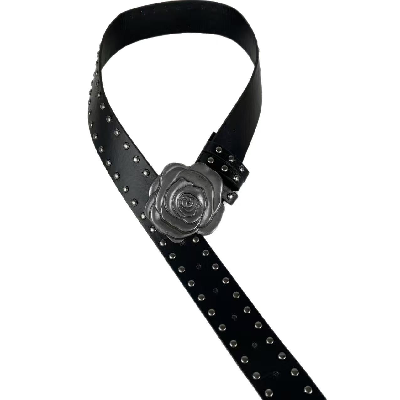 

Rose punk style belt leather rivet decoration versatile personality niche design wind snap buckle belt