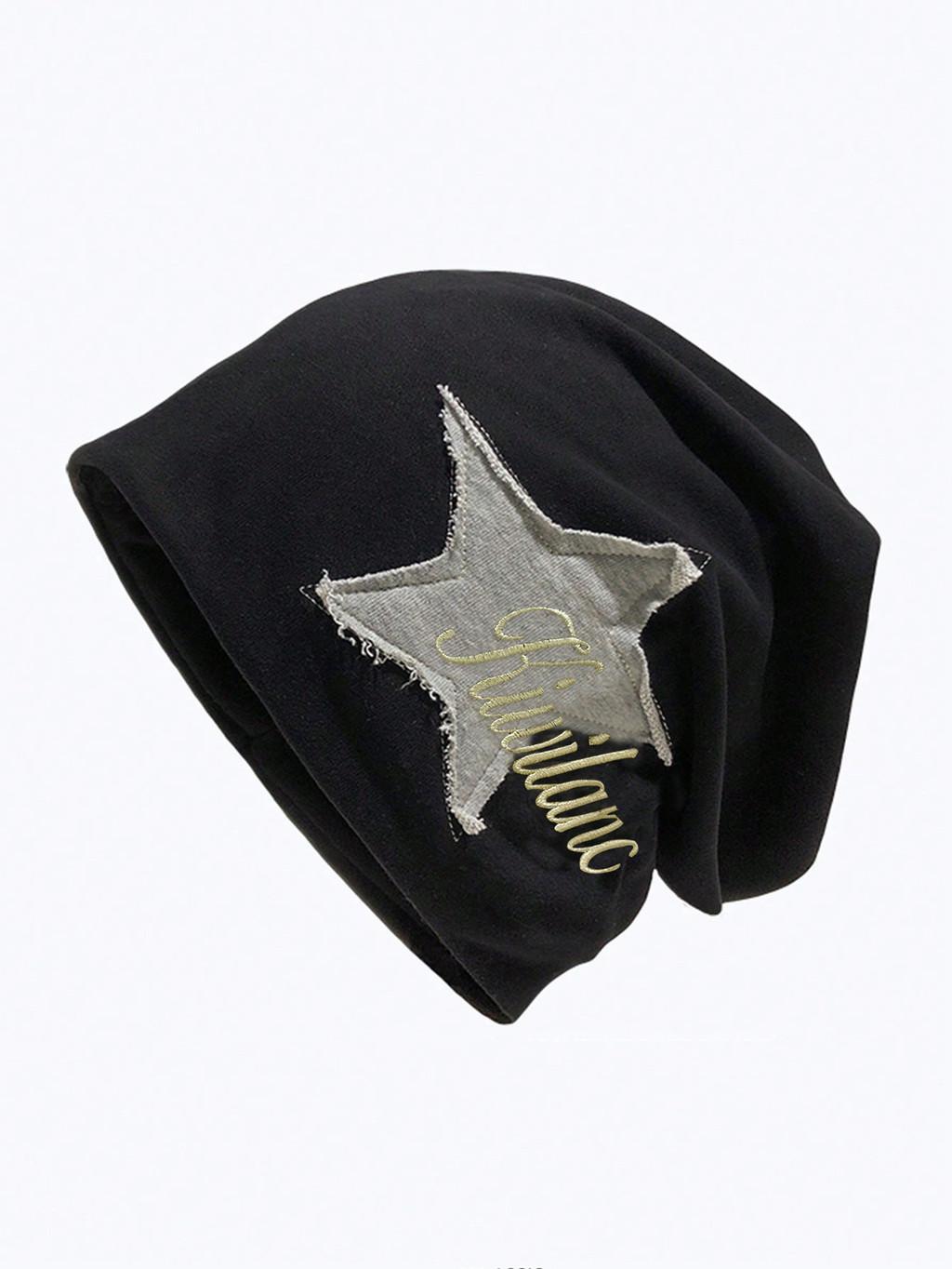 Cotton Blend Beanie With Embroidered Stars For Women Winter Warmth And Style Black