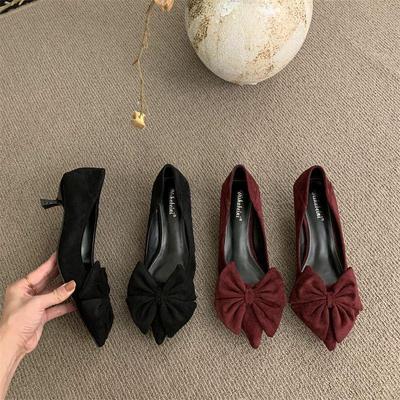 2025 Spring/Autumn Black Satin Pointed Toe Bow Stilettos