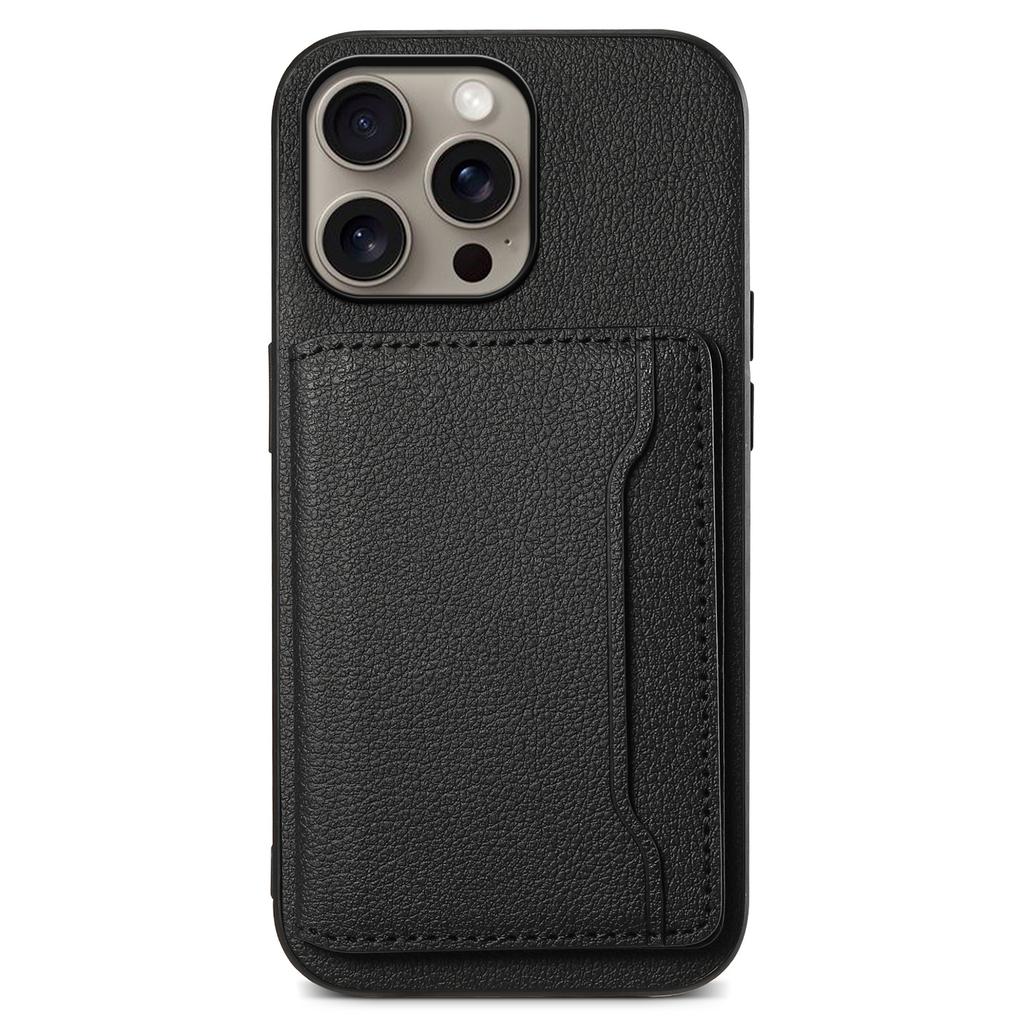 For iPhone 16 Pro Case Card Holder Kickstand Leather Coated PC+TPU Phone Cover