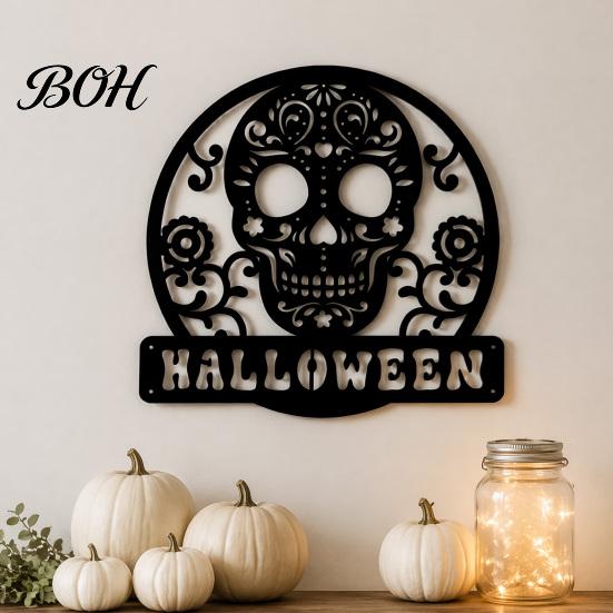Rust Resistant Metal Sign Skull Door Sign, Gothic Spooky Skeleton Head Hanging Wall Holiday Accents Art for Man Cave, Bar, Bedroom, Garage,