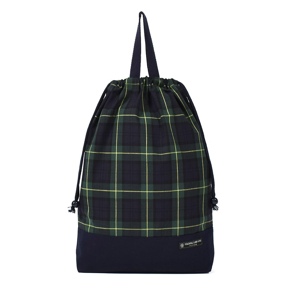 Colorful Candy Style 3-Piece Drawstring Bag Set (Gym Bag, Lunch Bag, and Cup Bag) In Tartan Check and Dark Green. Perfect for Kids, Kindergarten and
