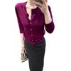 Elegant Purple Women's Round-Neck Cardigan: Autumn/Winter Short Sweater with Gold Button Accents
