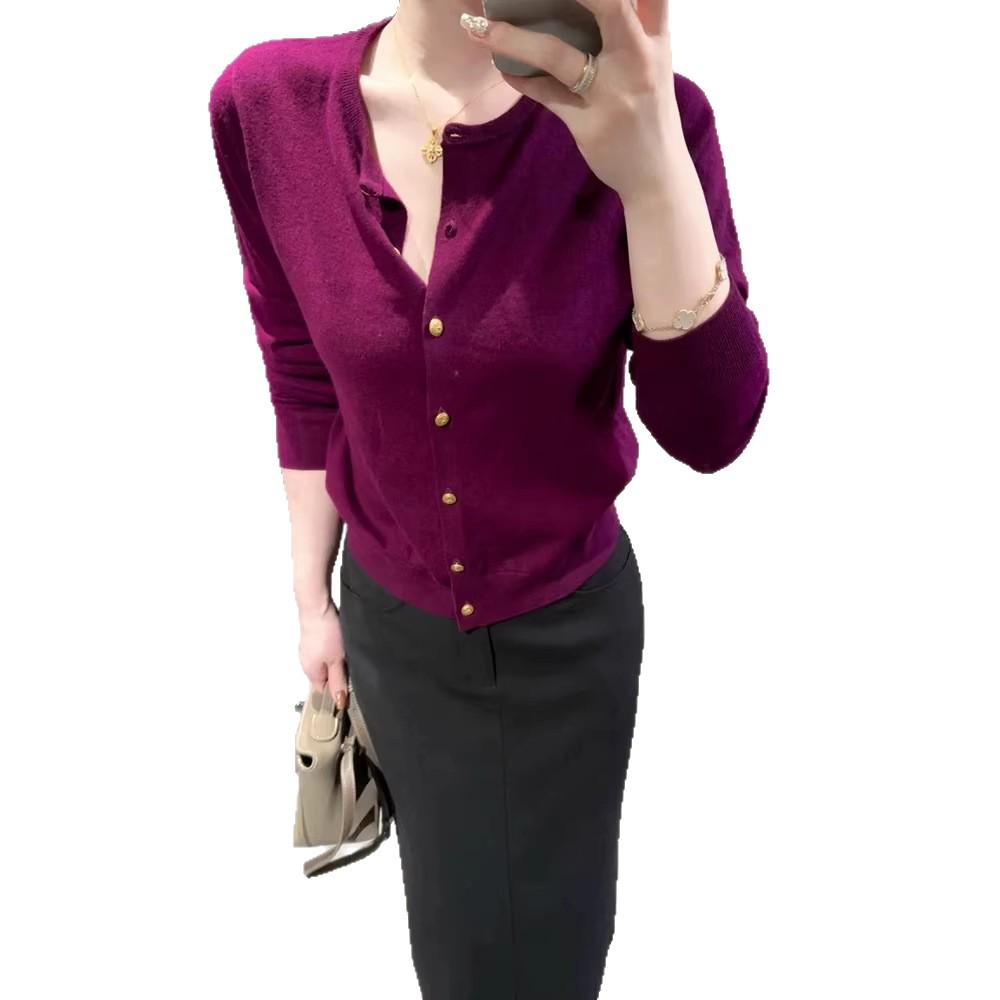 Elegant Purple Women's Round-Neck Cardigan: Autumn/Winter Short Sweater with Gold Button Accents