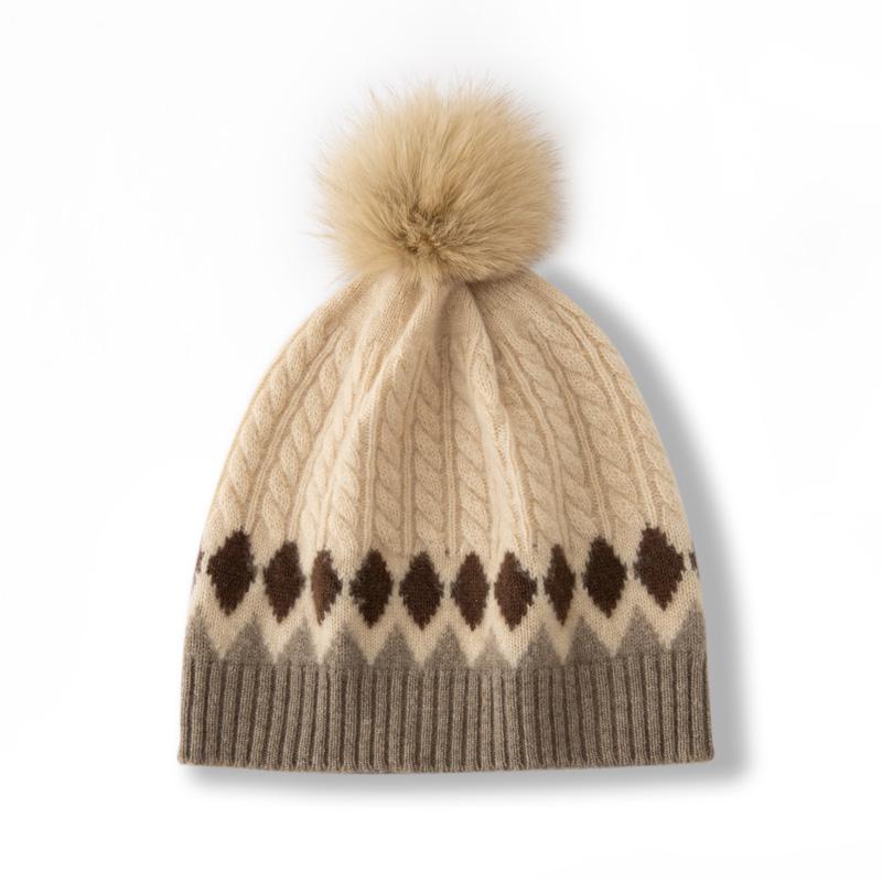 Women 100% Cashmere Beanie Hat Two Tone Color Block Pom Pom Detail Cable Knit Winter Warm Soft Slouchy Skullies Cap