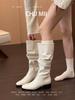 Sheepskin version~ French white pleated stacking boots women's British style thick heel boots temperament but knee knight boots