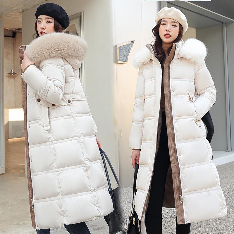 Women's Autumn And Winter Cotton Coat Medium Length Large Fur Collar Hooded Slim Fitting Coat Large Knee Length Cotton Jacket