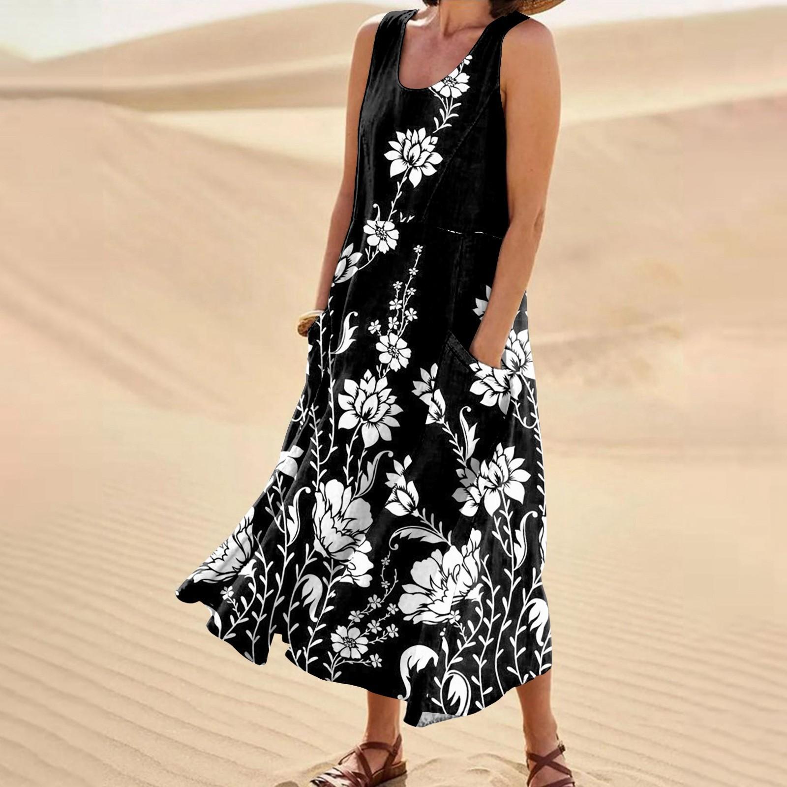 

Жіночі модні повсякденні сукні без рукавів з бавовни та льону з квітковим принтом і маленькими кишенями M чорний