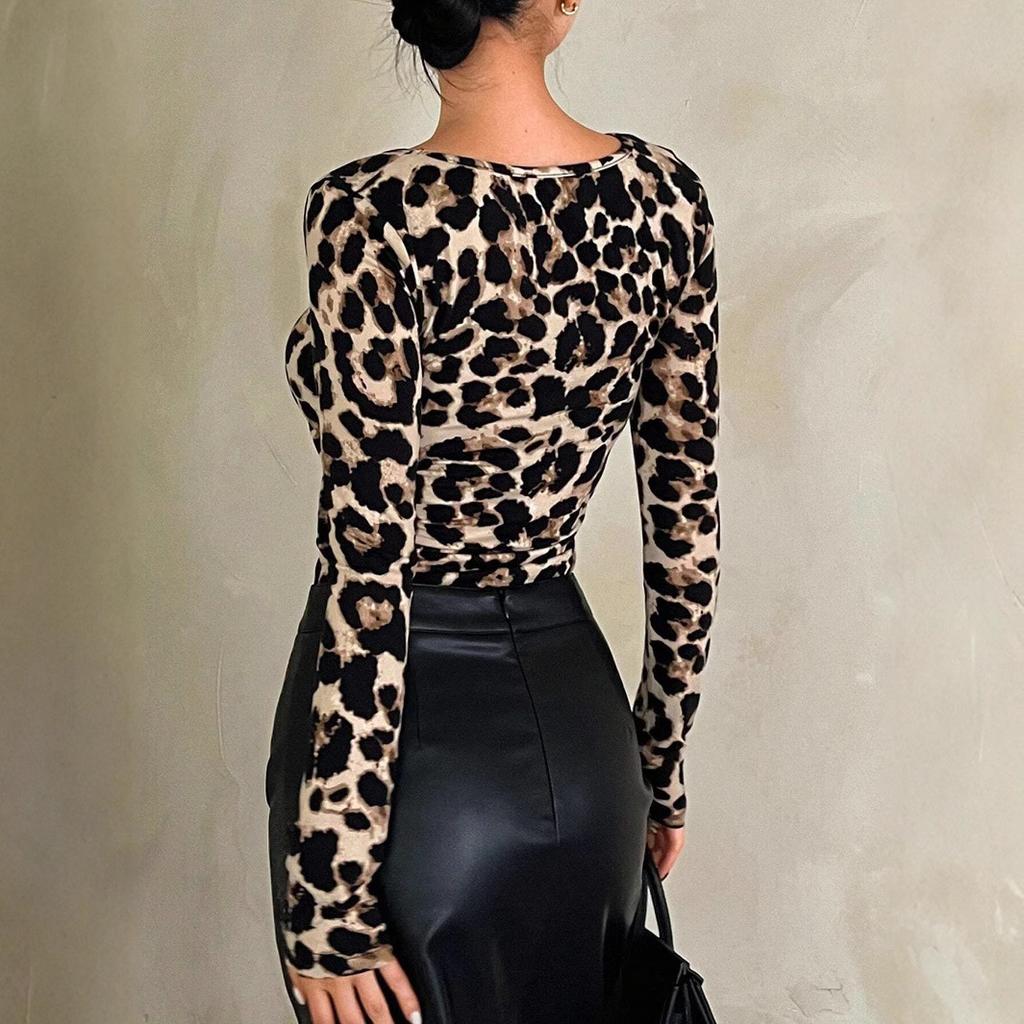 Spring Women's Leopard Print Large Round Neck Slim Long Sleeve T-Shirt