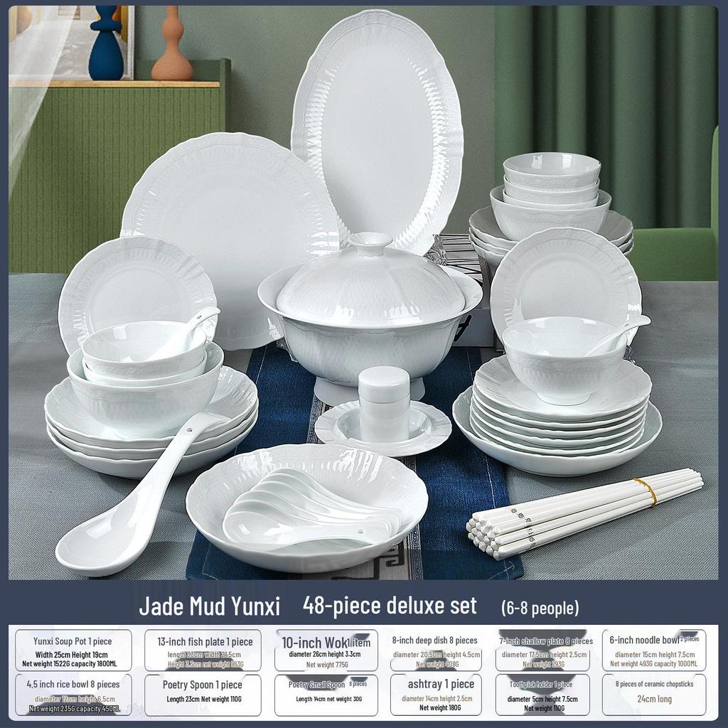 Jingdezhen High-Value White Porcelain Tableware Set: Underglaze Color Relief Bowl and Plate Collection