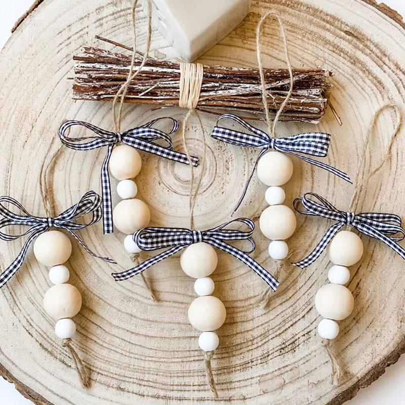 Christmas Christmas Ornaments Plaid Ribbon Wooden Beads Minimalist Style Bag Pendant Farm Style 15cm