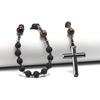 Natural Lava Stone Tiger Eye Beads Long Necklace with Hematite Cross Pendant Mens Rosary Jewelry