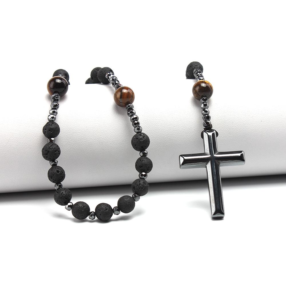 Natural Lava Stone Tiger Eye Beads Long Necklace with Hematite Cross Pendant Mens Rosary Jewelry
