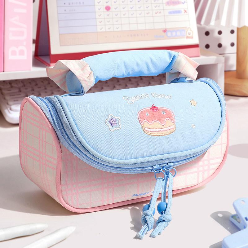 Large Capacity Check Pencil Bag Aesthetic Portable Stationery Pouch with Multi Slots for Students School Daily Use