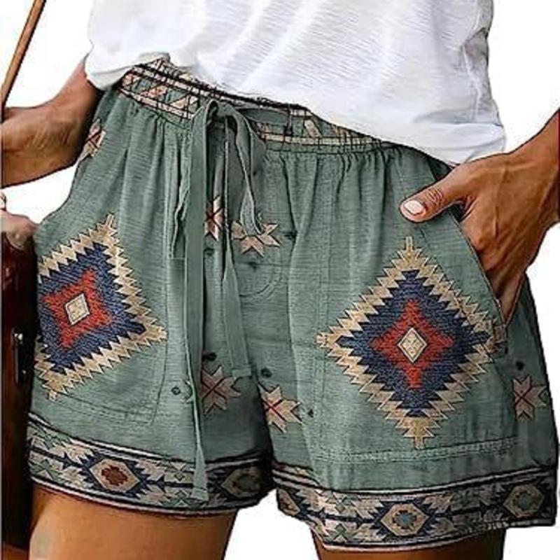 Trendy Women Summer Shorts Elastic Waistband Loose Fit Sweat Absorbing Retro Print Drawstring Thin Shorts