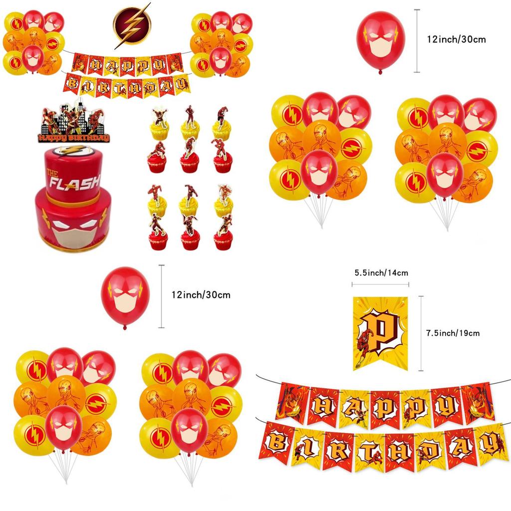 The Flash Themed Birthday Party Decorations Set With Banner, Cake Topper, And Balloons