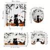 4-teiliges Duschvorhang-Set mit Halloween-Kürbis und schwarzer Katze, wasserdicht für Badezimmer, rutschfeste Badezimmerteppiche, Deckel, Toilettendeckel, Badematte