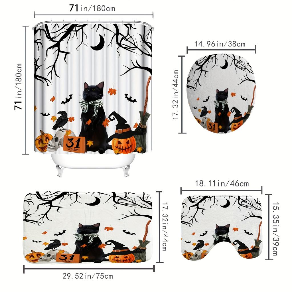 4-teiliges Duschvorhang-Set mit Halloween-Kürbis und schwarzer Katze, wasserdicht für Badezimmer, rutschfeste Badezimmerteppiche, Deckel, Toilettendeckel, Badematte