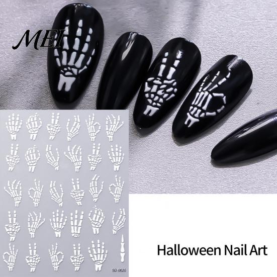 DIY Home Manicure Tools Halloween Nail Art Stickers, 3D Embossed Skeleton Hand Pumpkin Bat Dark Style Wraps Black Decals, Self-Adhesive Sliders