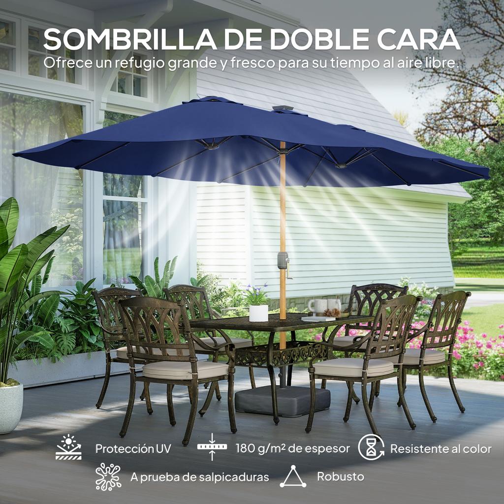 Double Garden Umbrella 4.7x2.8 M With Base Included Crank Sandbags UV Protection Waterproof Dark Blue