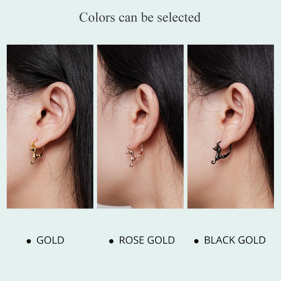 WOSTU Skutečné 925 mincovní stříbro černé roztomilé kočičí náušnice pro ženy Jemný šperk Dárek na večírek Rose Gold Animal Hoop Aretes