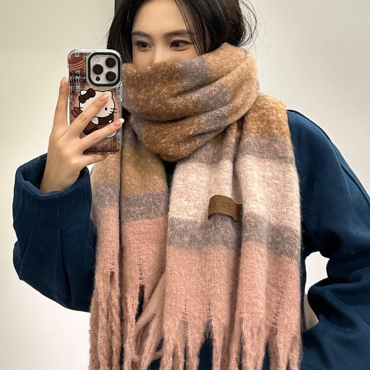 Scarf Women's Winter Solid Color Mohair Korean Style Versatile Student High End Thickened Warm Scarf New Style