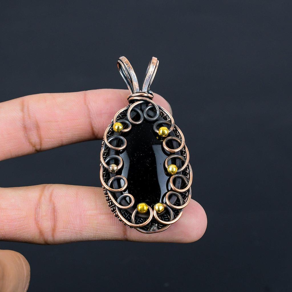 Lovely Black Onyx Gemstone Pure Copper Wire Wrapped Handmade Pendant Jewelry