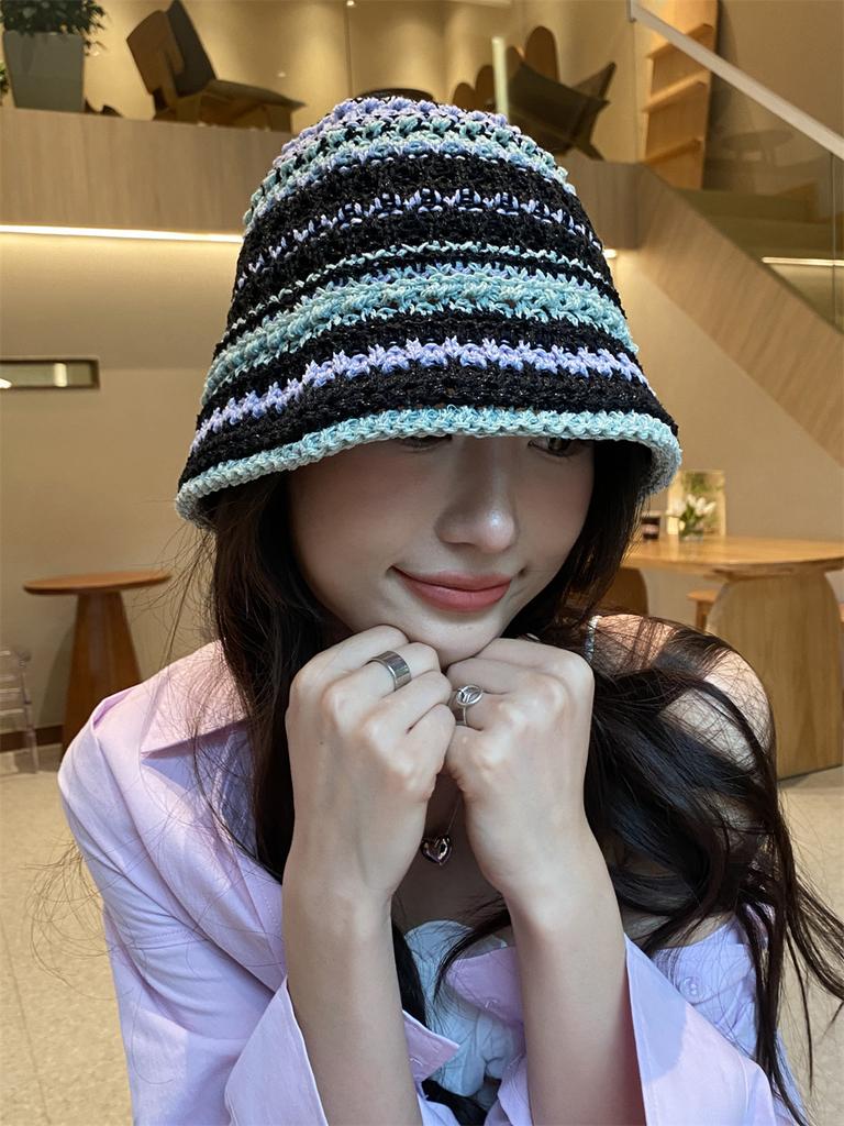 Spring and summer thin handmade knitted fisherman hat striped soft top basin hat versatile sun protection travel visor