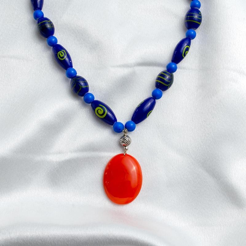 Handmade Ceramic Pendant Necklace: Beaded Blue Pottery