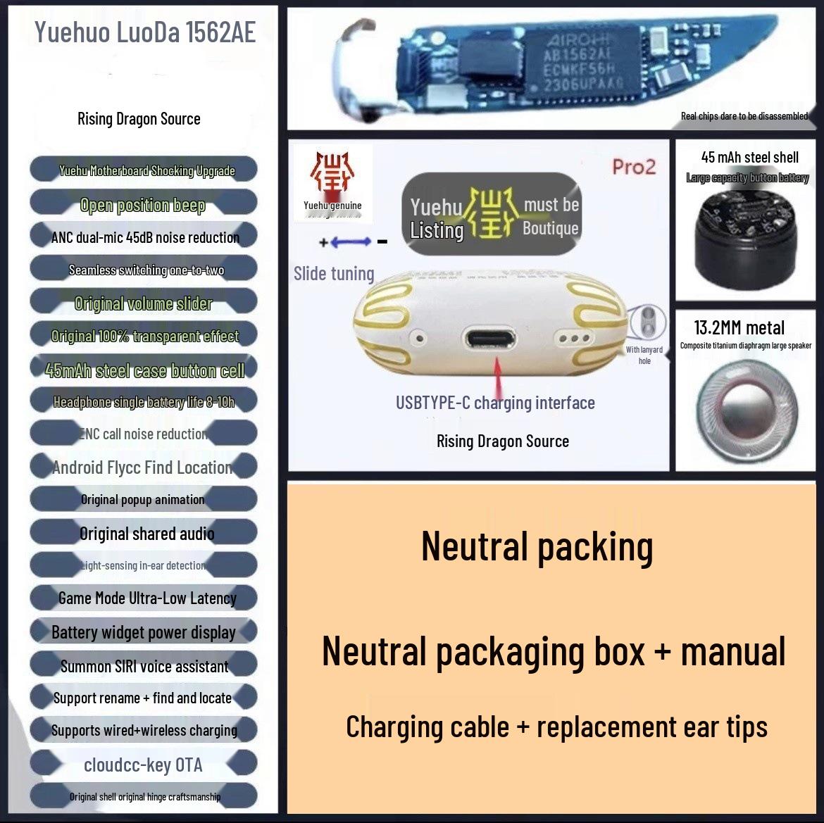 

Huaqiangbei Pro2 Yuehu Luoda 5th Gen 1562AE/F Noise-Canceling Bluetooth Headset with Dual U4E. Original Neutral Box