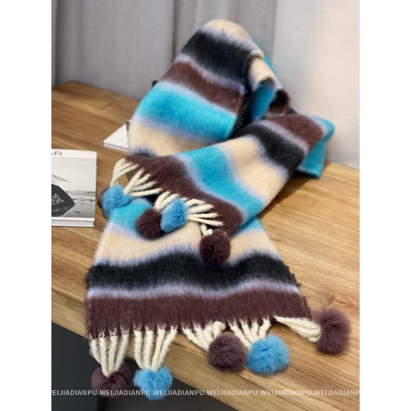 Only home, keep N strips for yourself! Real Rex Rabbit Hairball! Thick Hair Flu Pulled Tassel Striped Big Scarf Big