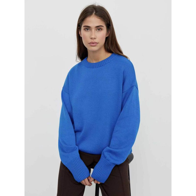 

European and American New Women clothes Solid round Neck Loose Sweater round Neck Neck Loose Loose Fitting Sweater Blue S