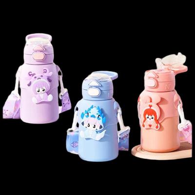 Shangqi Kids Cartoon Thermos Straw Bottle with Carry Strap