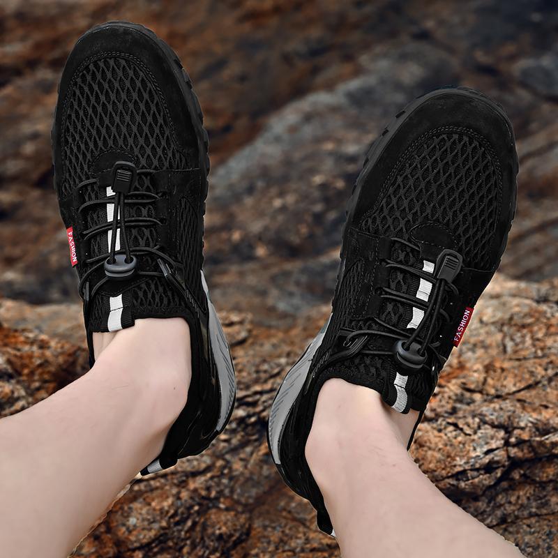 Men’s Outdoor Hiking Shoes Grey Driving Shoes Casual Slip on Summer Black Mesh Shoes Plus Size 45 46