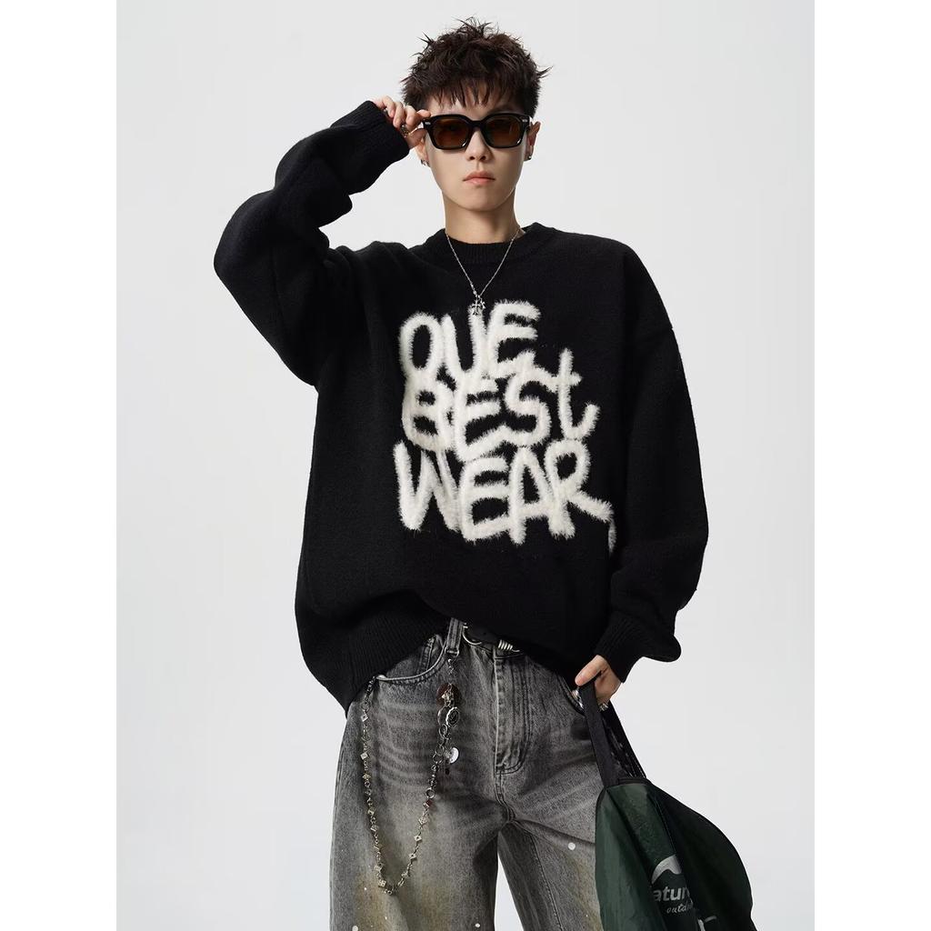 American letter jacquard crew neck sweater men's winter new heavy lazy style knitted sweater high street casual top