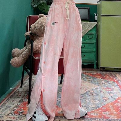 Letní Hip Hop Tie-dye Kalhoty Dámské Vintage Ležérní Široké Kalhoty Všestranné Sportovní Kalhoty Dámské Knoflíky Rozparky Štíhlé Tepláky