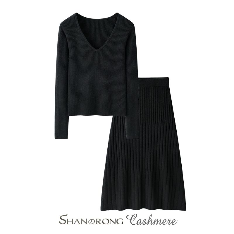 

Fashion Charming ~ 100% Pure Cashmere Sweater Women Short Knitted Warm Skirt Two-piece Set Decoration Body Elegant Black XL