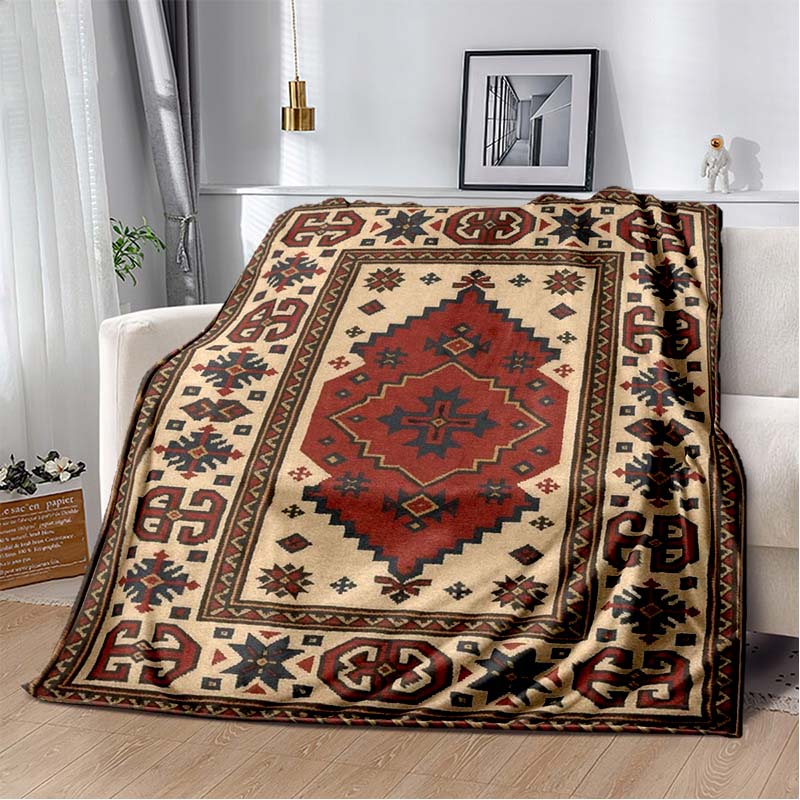 Vintage Kilim Tribal Geometric Print Flannel Blanket, Soft Cozy Throw for Bed Sofa, Ethnic Home Decor