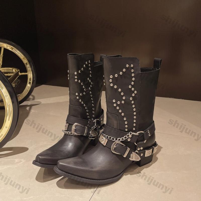 Fashion Women Chunky Mid-heel Boots Ladies Autumn Buckle Women Platform Knee High Boots Punk Street Fashion Rivet Western Cowboy Boots