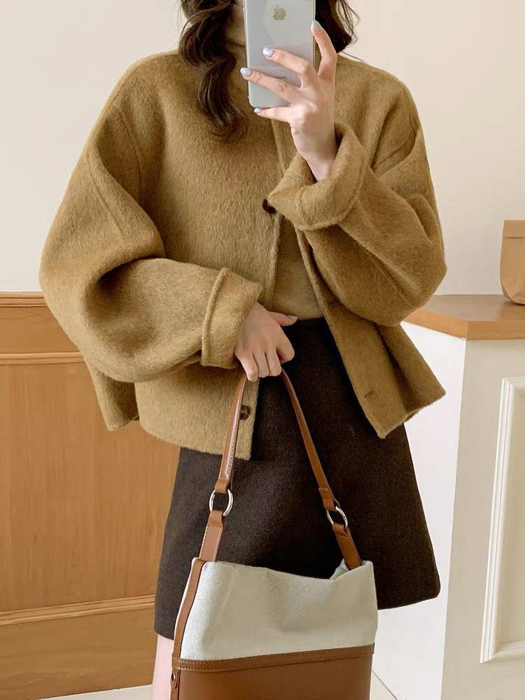 Korean Style Women's Double-Faced Wool Coat: 2024 Winter Loose Fit, Round Neck, Little Fragrant Style