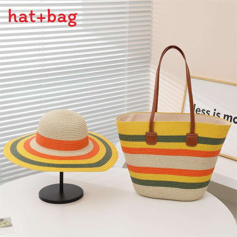 Woven Sun Hat And Large Capacity Straw Tote With Striped Pattern For Travel And Casual Wear