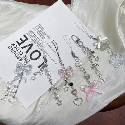 1Pc Cute Butterfly Bead Handmade Sweet Girl Keychain For Ip 11 Camera Kawaii Y2K Love Five Pointed Star Phone Charms Pendant